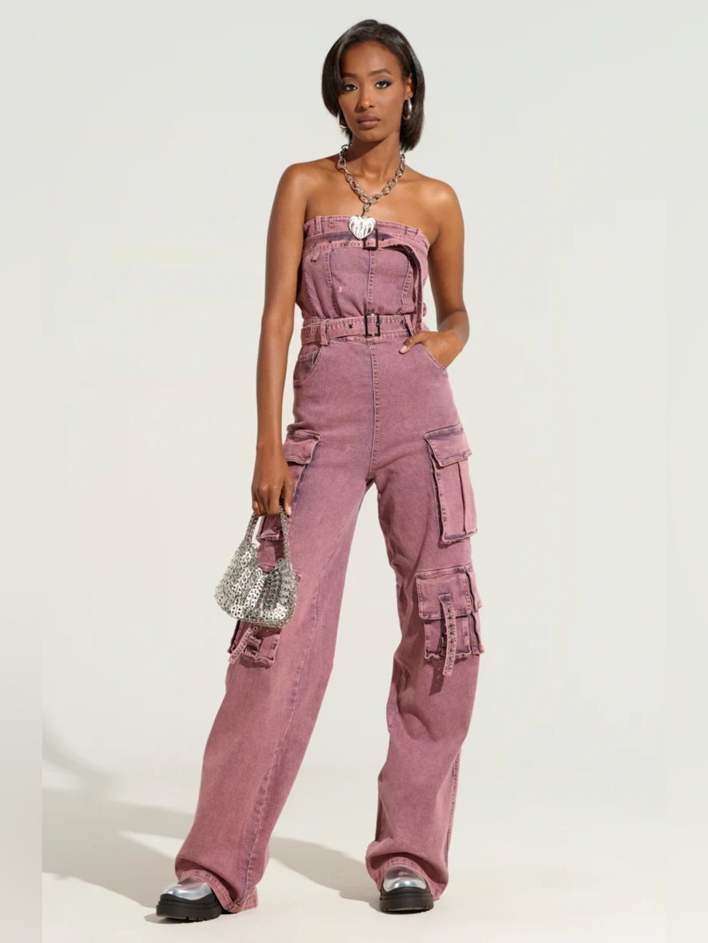 NWT $130 Akira Acid Washed Denim Jumpsuit Pink buckles streetwear cargo baggy - Picture 6 of 13